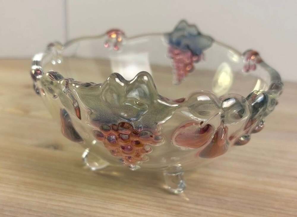 Vintage Glass Footed Fruit Bowl Clear Crystal with Iridescent Pink Embossed Frui